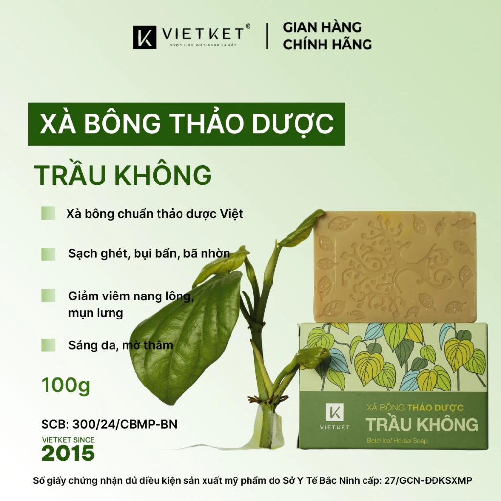 Xà Bông Tắm Thảo Dược Trầu Không VIETKET 100g Làm Sạch, Giảm Mụn, Sáng Da, Duy Trì Độ Ẩm