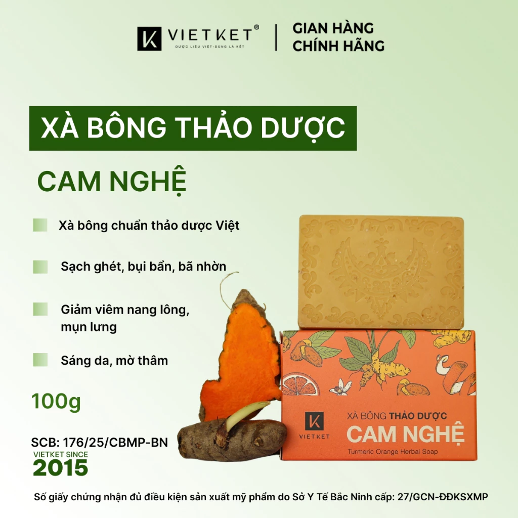 Xà Bông Tắm Thảo Dược Cam Nghệ VIETKET 100g Làm Sạch, Giảm Mụn, Sáng Da, Duy Trì Độ Ẩm