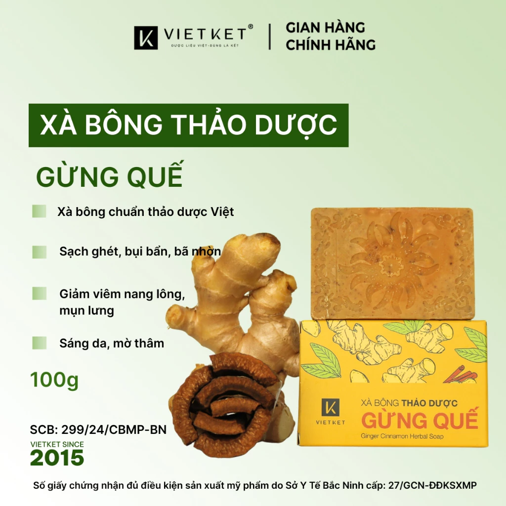 Xà Bông Tắm Thảo Dược Gừng Quế VIETKET 100g Làm Sạch, Giảm Mụn, Sáng Da, Duy Trì Độ Ẩm