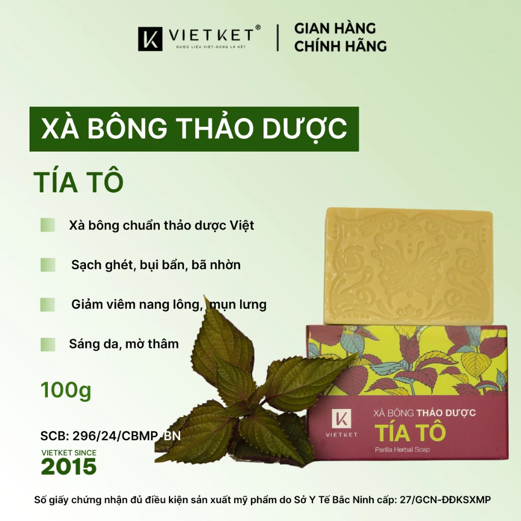 Xà Bông Tắm Thảo Dược Tía Tô VIETKET 100g Làm Sạch, Giảm Mụn, Sáng Da, Duy Trì Độ Ẩm