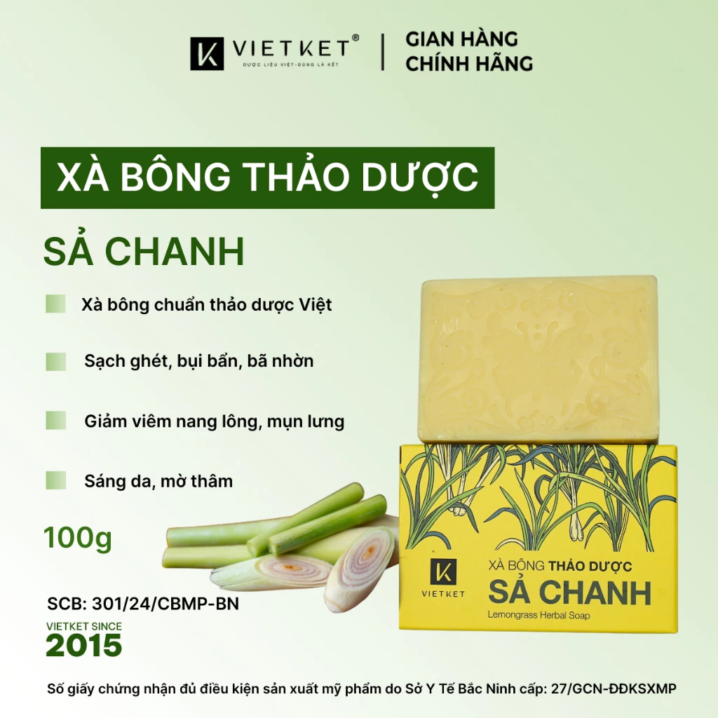 Xà Bông Tắm Thảo Dược Sả Chanh VIETKET 100g Làm Sạch, Giảm Mụn, Sáng Da, Duy Trì Độ Ẩm