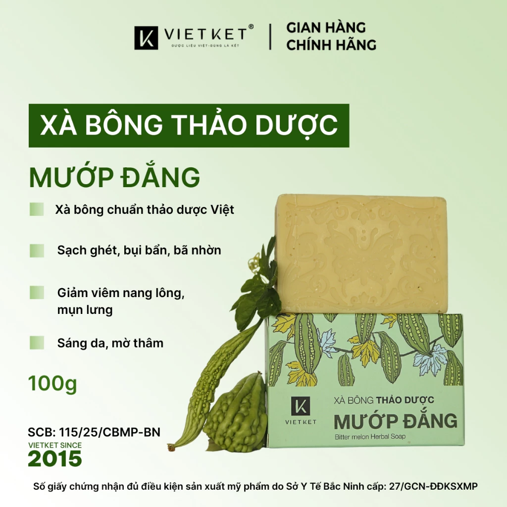Xà Bông Tắm Thảo Dược Mướp Đắng Tràm Trà VIETKET 100g Làm Sạch, Giảm Mụn, Sáng Da, Duy Trì Độ Ẩm
