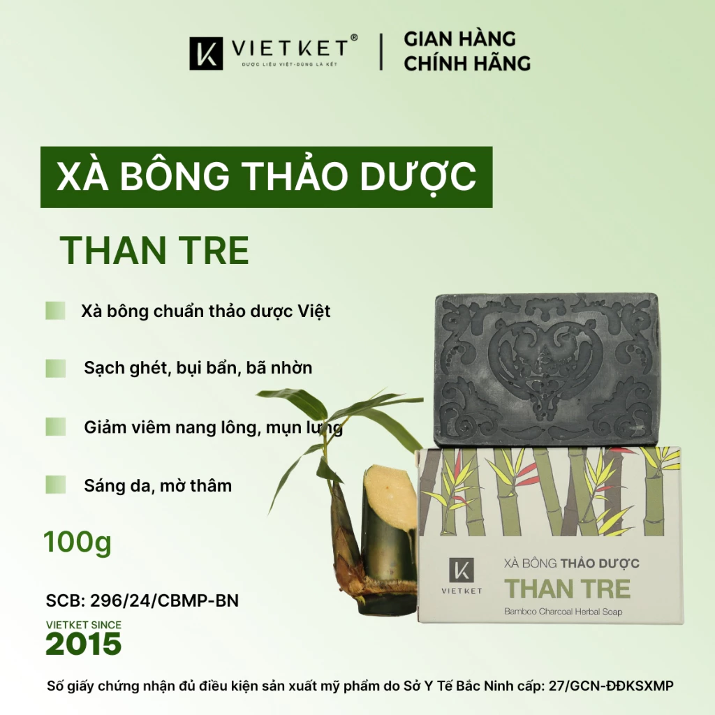 Xà Bông Tắm Thảo Dược Than Tre VIETKET 100g Làm Sạch, Giảm Mụn, Sáng Da, Duy Trì Độ Ẩm