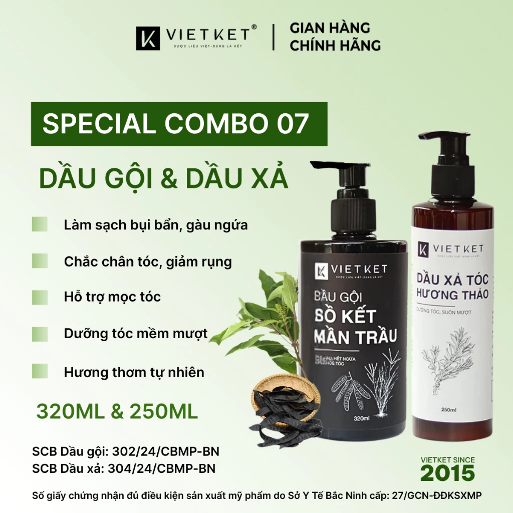 [COMBO GỘI + XẢ] Dầu gội Bồ kết Mần trầu & Dầu xả Hương Thảo VIETKET Làm Sạch Tóc, Chăm sóc tóc, Dưỡng tóc Bóng Khỏe