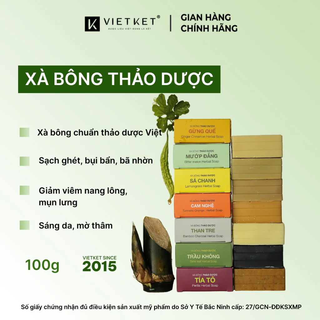 Combo 7 Xà Bông Tắm Thảo Dược VIETKET 100g Giúp Sạch Da, Sáng Da, Giảm Mụn, Mờ Thâm, Dưỡng Ẩm