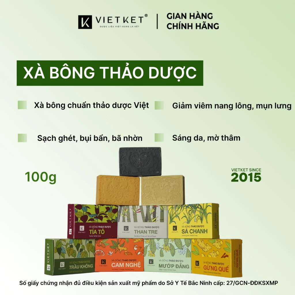 Combo 3 Xà Bông Tắm Thảo Dược VIETKET 100g Giúp Sạch Da, Sáng Da, Giảm Mụn, Mờ Thâm, Dưỡng Ẩm