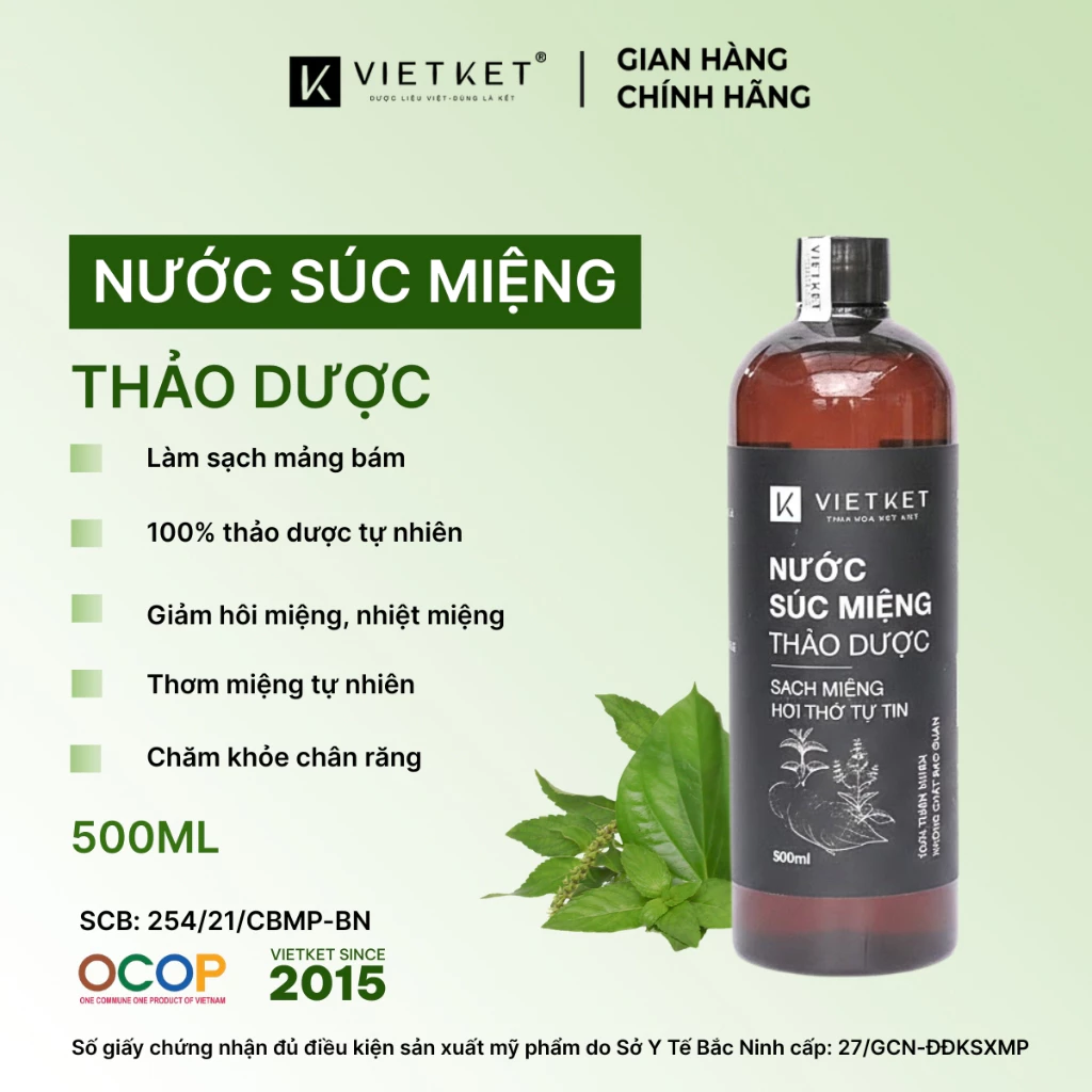 Nước súc miệng thảo dược VIETKET 500ml -  Chăm sóc và bảo vệ răng miệng, giảm mùi hôi, khử khuẩn.