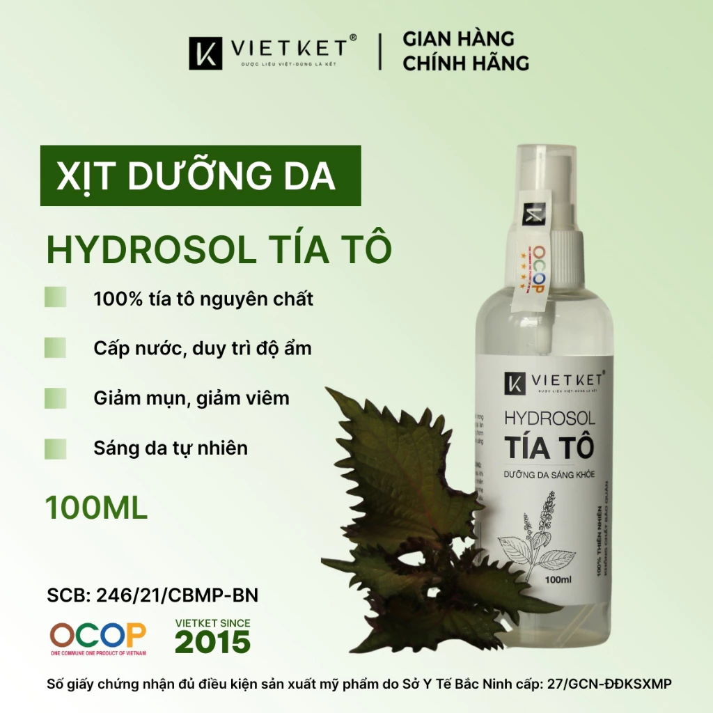 Xịt dưỡng da Thảo Dược Tía Tô VIETKET 100ml - Cấp nước, duy trì độ ẩm, Giảm mụn, giảm viêm, Sáng da tự nhiên