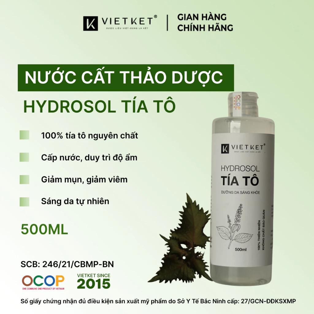 Nước Cất Thảo Dược Xịt khoáng Tía Tô VIETKET 500ml Giúp Dưỡng Da Sáng Khỏe, Dưỡng Ẩm, Giảm Mụn, Mờ Thâm