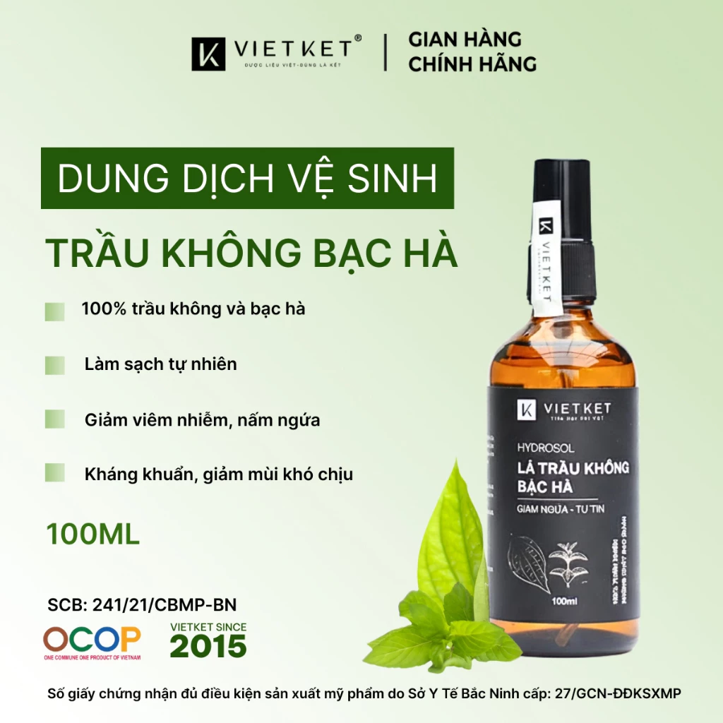 Tinh chất Vệ sinh lá trầu không, bạc hà Vietket 100ml - đậm đặc, k bọt, nguyên chất - Giảm nấm ngứa