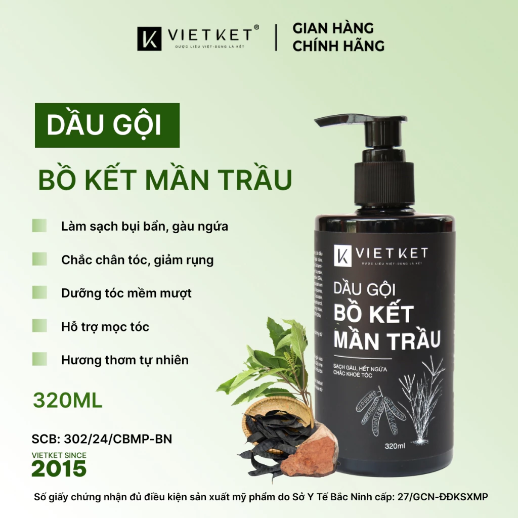 Dầu Gội Thảo Dược Bồ Kết Mần Trầu VIETKET 320ml Giúp Sạch Gàu, Giảm Ngứa, Giảm Rụng Tóc, Giảm Gãy Rụng
