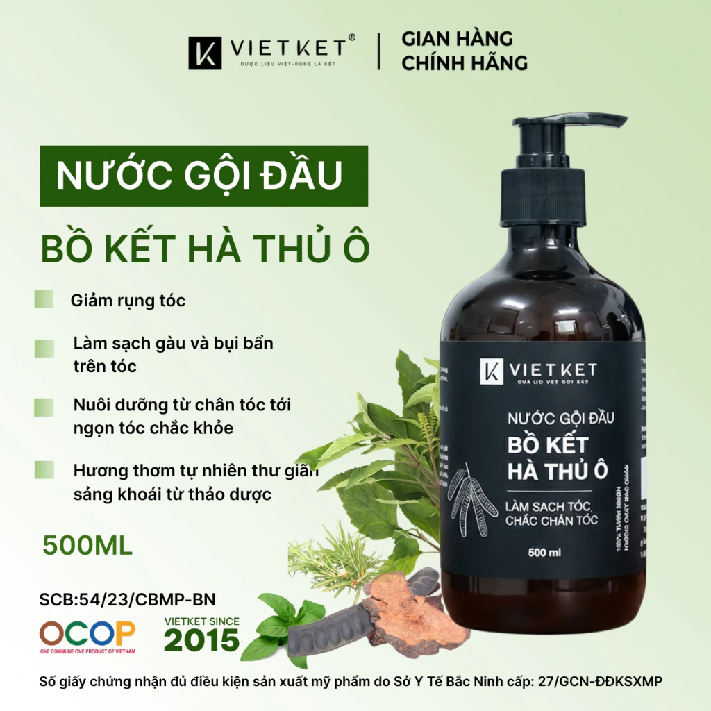Nước Gội Đầu Dược Liệu KHÔNG BỌT - VIETKET Bồ Kết Hà Thủ Ô 500ml - Làm Sạch Tóc, Chắc Chân Tóc, Giảm Rụng Tóc