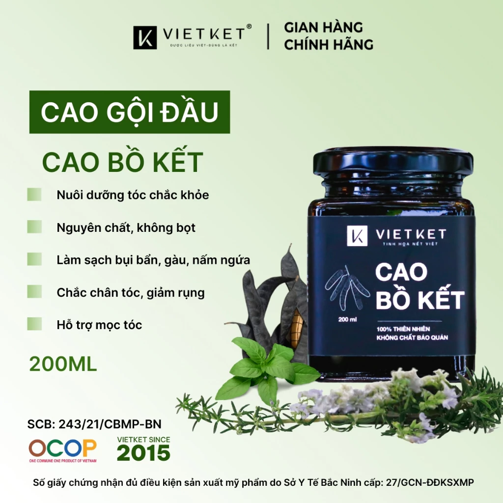 Cao Gội Thảo Dược KHÔNG BỌT - Bồ Kết Bạc Hà VIETKET 200ml Giúp Sạch Gàu, Giảm Rụng Tóc, Dưỡng Tóc Bóng Khỏe