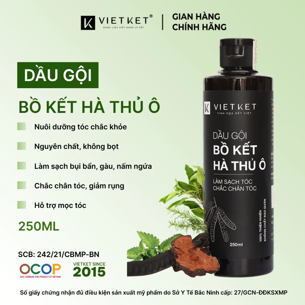 Dầu Gội Thảo Dược - KHÔNG BỌT Bồ Kết Hà Thủ Ô VIETKET 250ml Giúp Sạch Gàu, Giảm Rụng Tóc, Dưỡng Tóc Mềm Mại