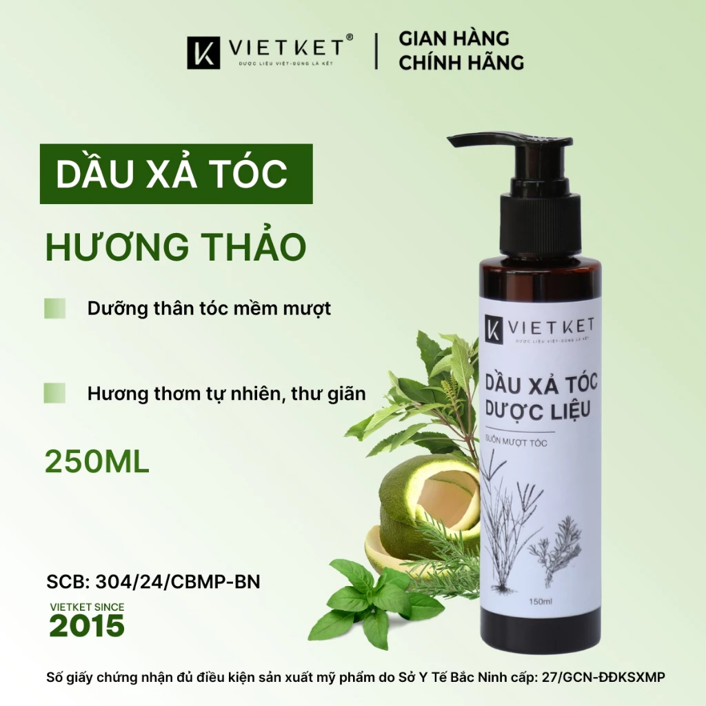 Dầu Xả Tóc Thảo Dược Hương Thảo VIETKET 250ml Dưỡng Tóc Suôn Mượt, Cung Cấp Độ Ẩm, Giảm Hư Tổn Chẻ Ngọn