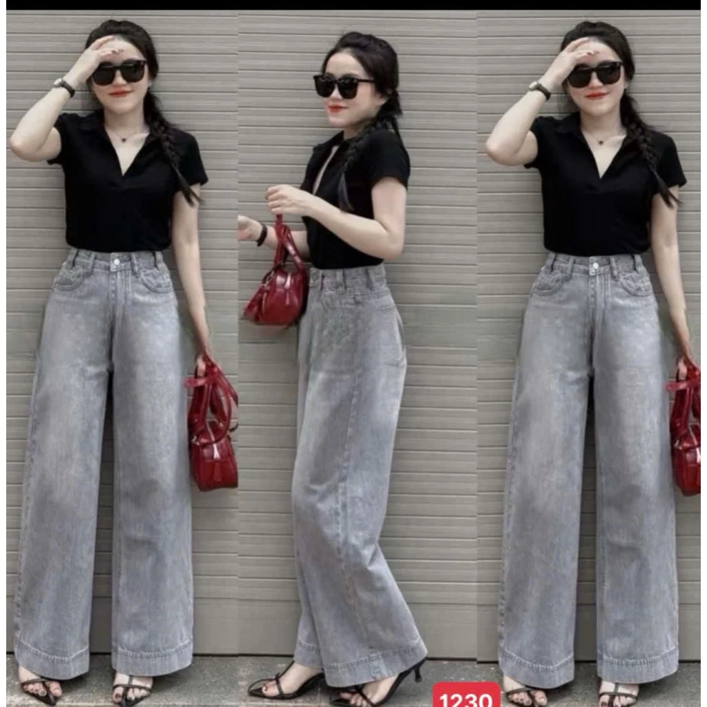 Quần jean Nữ Suông Lưng Cao,Quần Baggy Jean Nữ Ống Rộng chất bò không giãn thời trang trẻ trung 1230