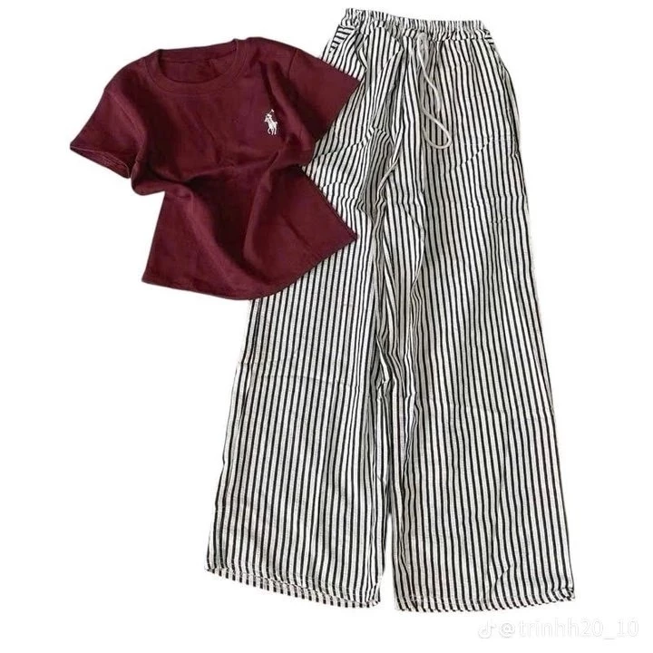 Sét Bộ Nữ Babytee Logo Ngựa Phối Quần Dài Kẻ Sọc Chất Đũi Mặc Đi Học,Chơi,Làm Siêu Xinh