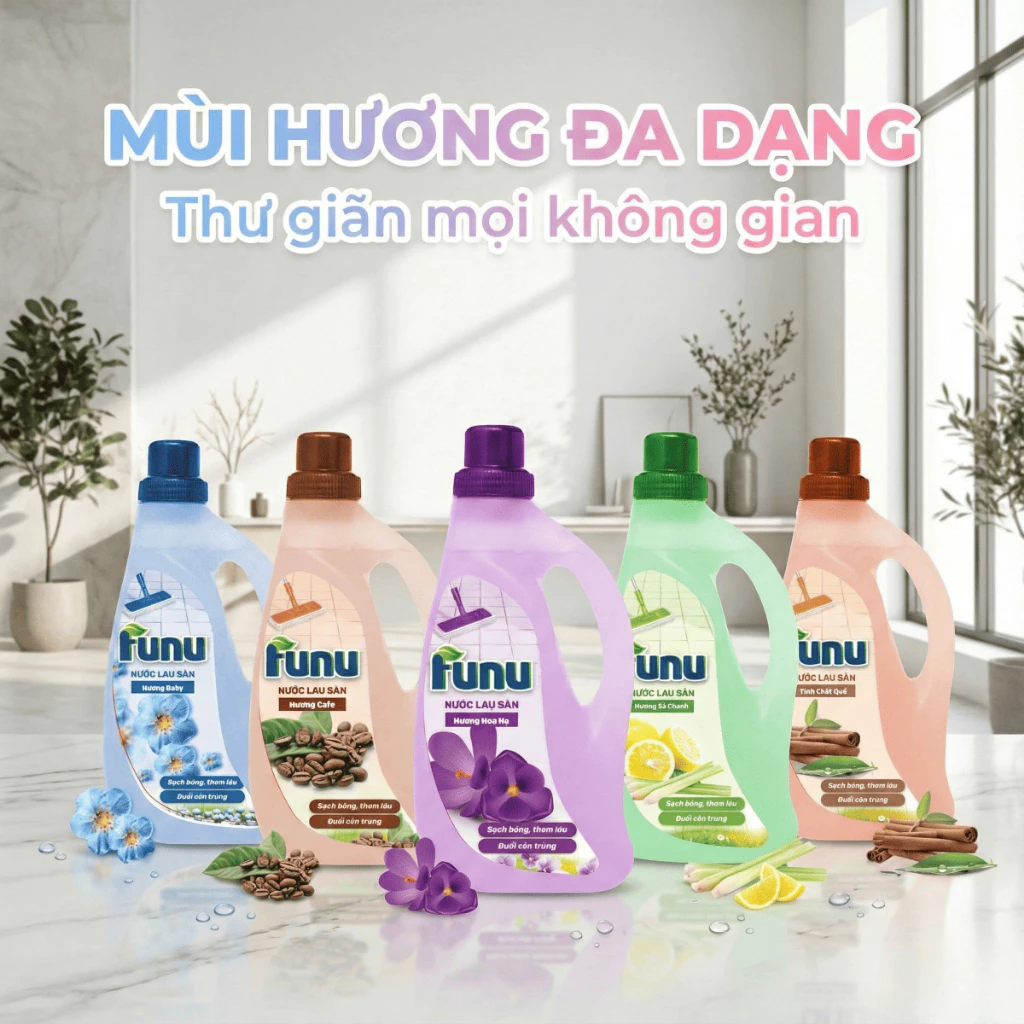 Nước Lau Sàn Funu Cao Cấp 1.25 Lít Hương Sả Chanh Baby Cafe Quế Hoa Hạ Chính Hãng