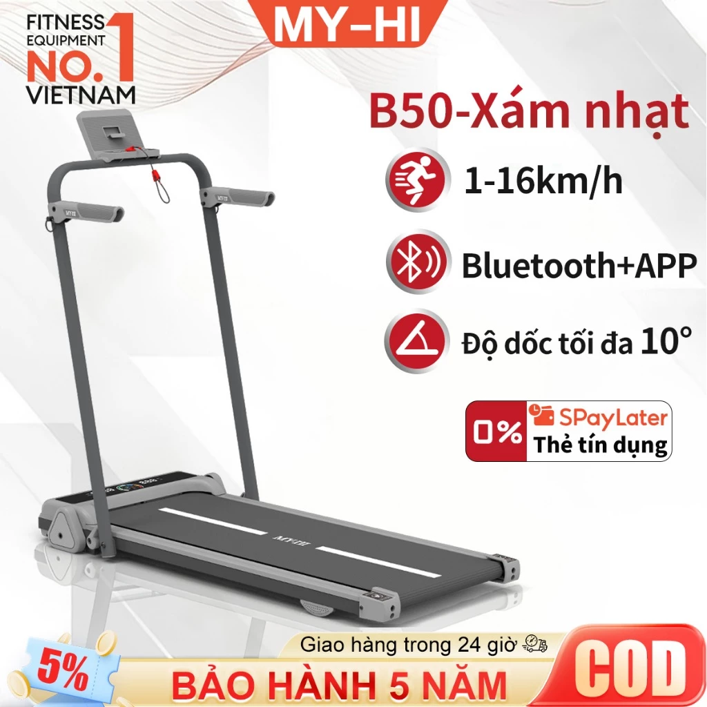 Máy chạy bộ gập gọn, MY-HI B50, 1-16km/h, Có độ dốc, Đi bộ và chạy được, Giảm chấn và giảm tiếng ồn,Bluetooth,APP,Remote