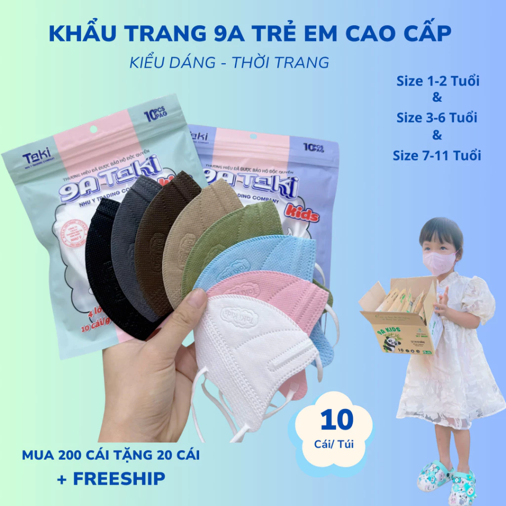 Thùng 200 Chiếc Khẩu Trang 9A Trẻ Em Chính Hãng Taki, 4 Lớp, Kháng Khuẩn, Chống Nắng Toàn Diện