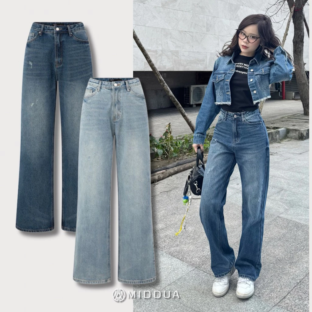 MIDDUA - JN207 Suông denim nữ ống đứng, rách mài