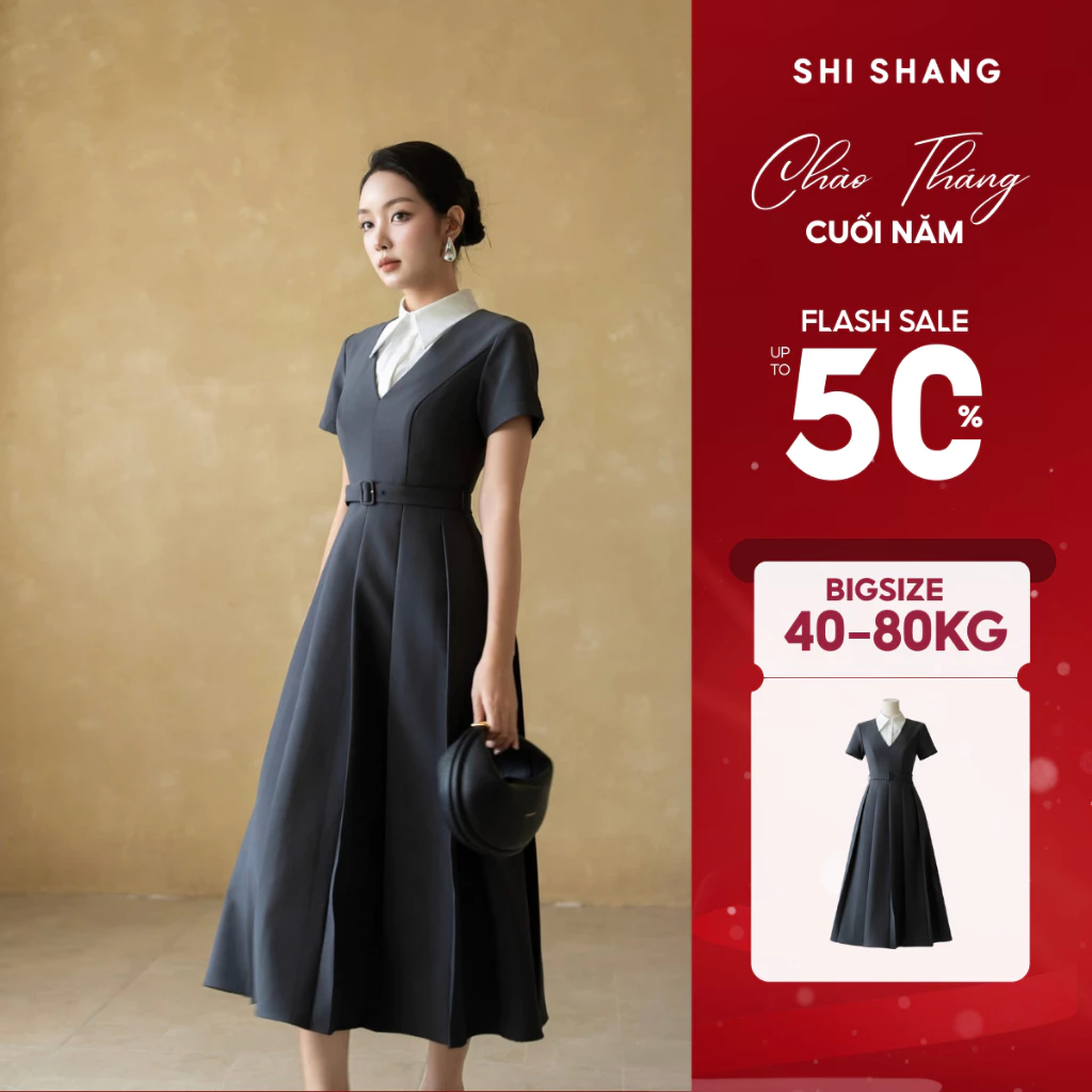 [ 𝐓𝐚̣̆𝐧𝐠 Đ𝐚𝐢] Đầm Công Sở Bigsize Cao Cấp Phối Cổ Sơ Mi Thanh Lịch, Váy Đầm Nữ Dáng Dài Xòe Xếp Ly By Shi Shang