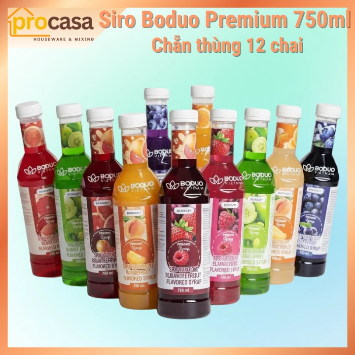 (Chẵn thùng) 12 chai Siro Boduo Premium 750ml - Bưởi Hồng - Dâu Tây - Đào - Cốm Xanh - mâm xôi - Nho Tím - Vải