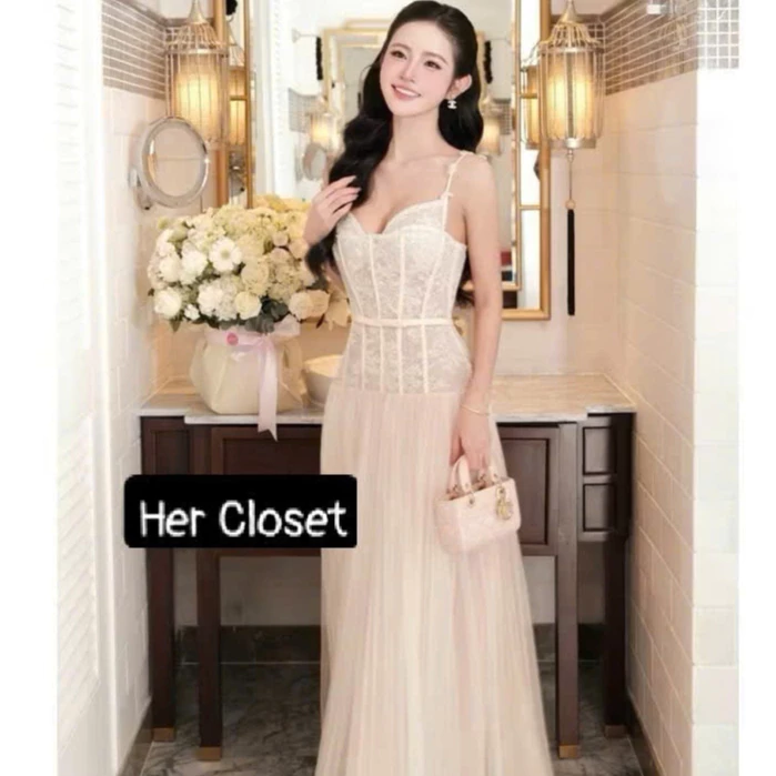 [TRẮNG BE]][VÁY THIẾT KẾ] Váy corset ren phối lưới dáng dài, đầm hai dây ôm eo váy maxi sang chảnh đi tiệc,să..