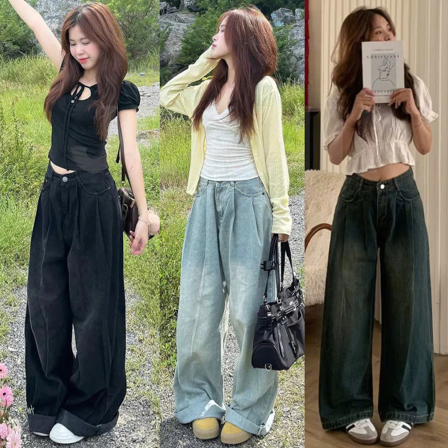 Quần Jean Ống Rộng Retro Gấp li Nhiều Màu Quần Bò Ống Suông Unisex Đi Học Đi Làm Back to School Style - JEANII STORE