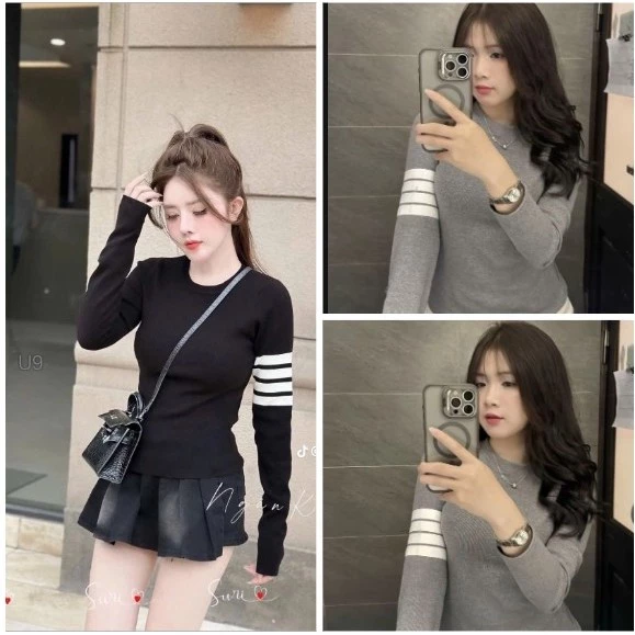 Áo Thun tăm  Dài Tay Thêu 4 Sọc viền Tay Basic xinh xắn ôm eo tôn Dáng cực đẹp-Áo thun dài tay Giữ Nhiệt mặc được 4 mùa