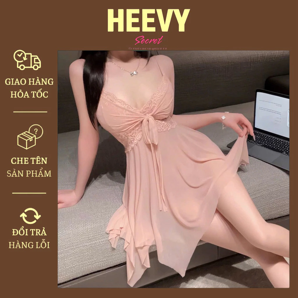 Hàng QC loại 1 Tặng quần chip Váy ngủ 2 dây váy ngủ sexy xuyên thấu quyên rũ gợi cảm HV348-1268