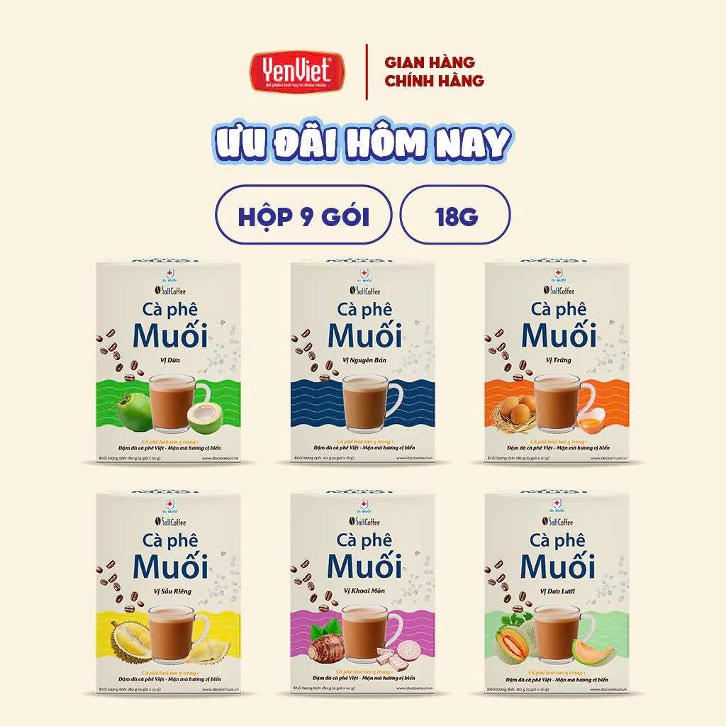 Cà Phê Muối SaltCoffee Vị Sầu Riêng, Khoai Môn, Dừa, Dưa Lưới, Vị Trứng (Hộp 9 gói x 20g)