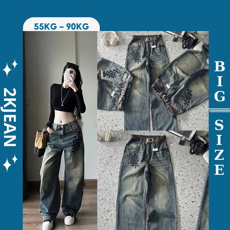 Quần suông ống rộng jean nữ trơn Bigsize 55-90kg, kiểu dáng ống rộng thêu wash màu rêu hàng QC 2KJeans QC617