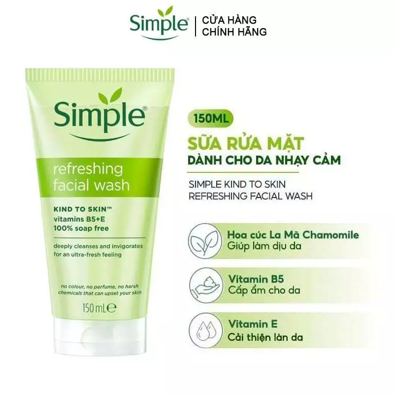 Sữa rửa mặt Simple làm sạch dịu nhẹ, giúp da sáng mịn, cấp ẩm cho mọi loại da kể cả da nhạy cảm