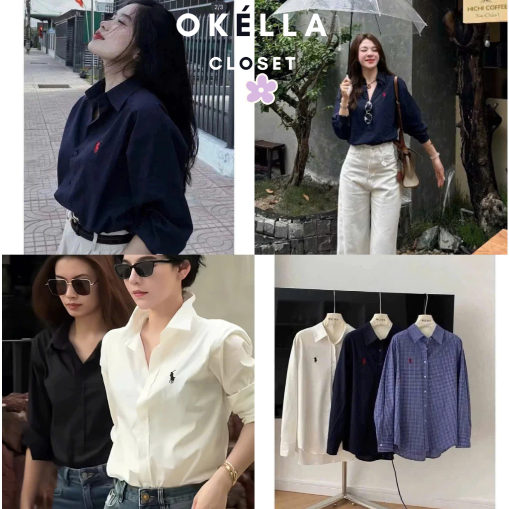 Áo Sơ Mi Basic chất thô Xanh than/Trắng/Kẻ Xanh thêu ngựa đỏ Okélla