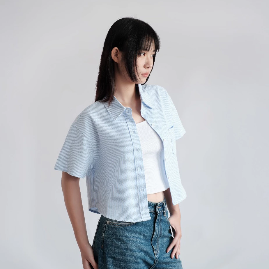 Áo Sơ Mi Ngắn Vải Oxford Nữ, Sọc Xanh Dương, Sọc Hồng Nhạt, Áo Sơ Mi Khoác Ngoài - The J Studio