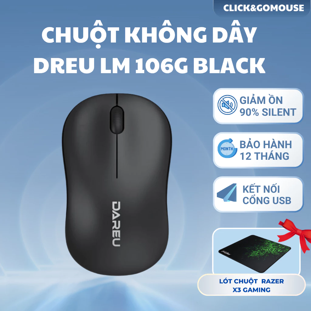 Chuột Không Dây Chuột Máy Tính DARE-U LM106G Black Độ Bền Cao Nhạy Mượt Dùng Cho Laptop PC Tặng Kèm Pin Và Lót Chuột