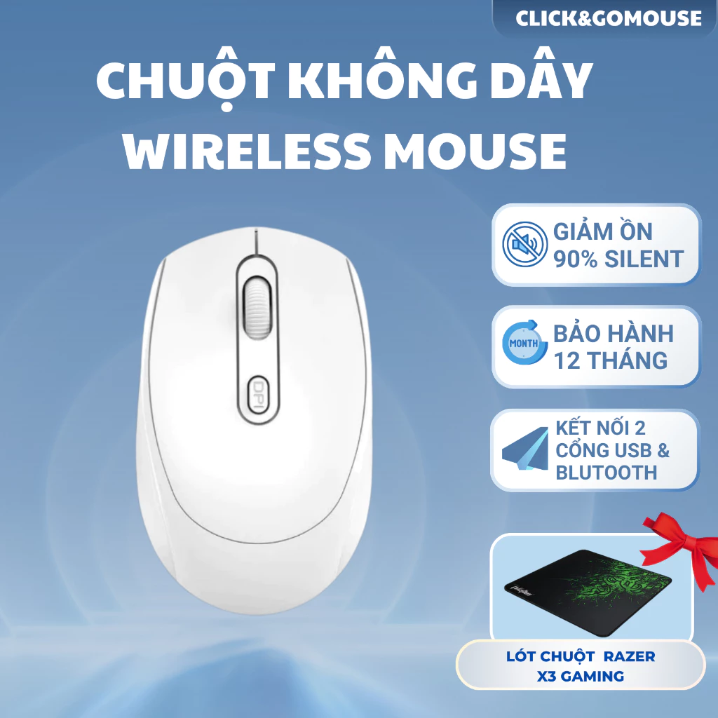 Chuột Không Dây Bluetooth Cho Máy Tính Chống Ồn Siêu Bền Hỗ Trợ Hai Chế Độ Kết Nối Đa Năng Kèm Quà Tặng Pin Và Lót Chuột