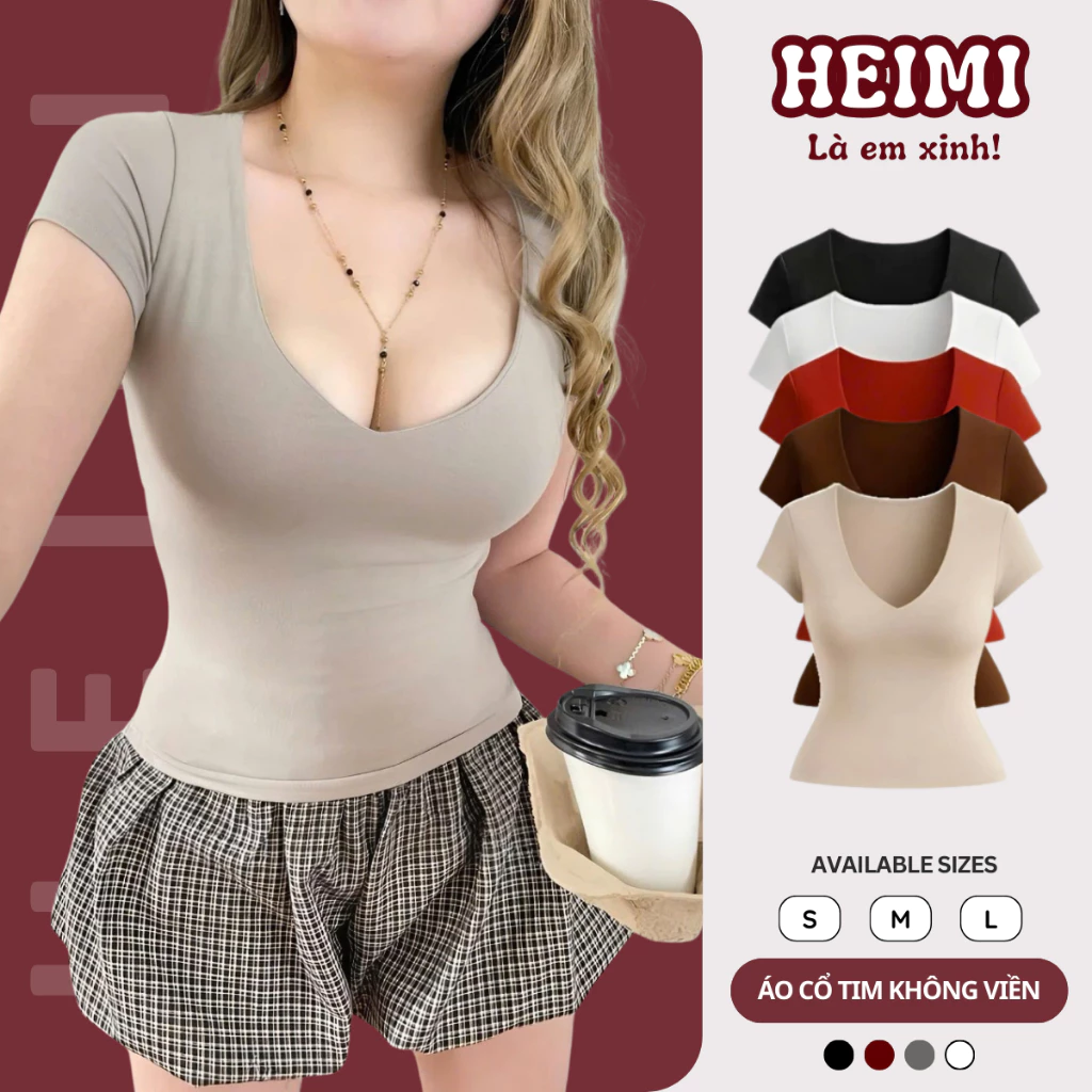 Áo Thun Cổ Tim Không Viền May Form Ôm HEIMI, Áo Body Thắt Eo Tôn Dáng Chất Thun Cotton Mềm Mịn