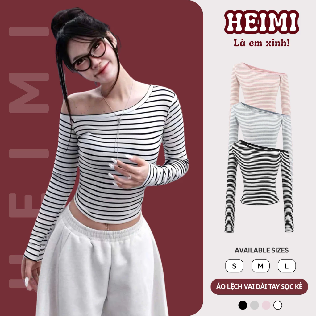 Áo Thun Lệch Vai Dài Tay Họa Tiết Kẻ Sọc Form Ôm Body Basic HEIMI