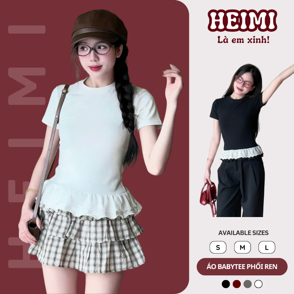 Áo Thun Babytee Phối Ren Gấu HEIMI, Áo Phông Baby Tee Cổ Tròn Form Vừa Chất Cotton Mịn Co Giãn