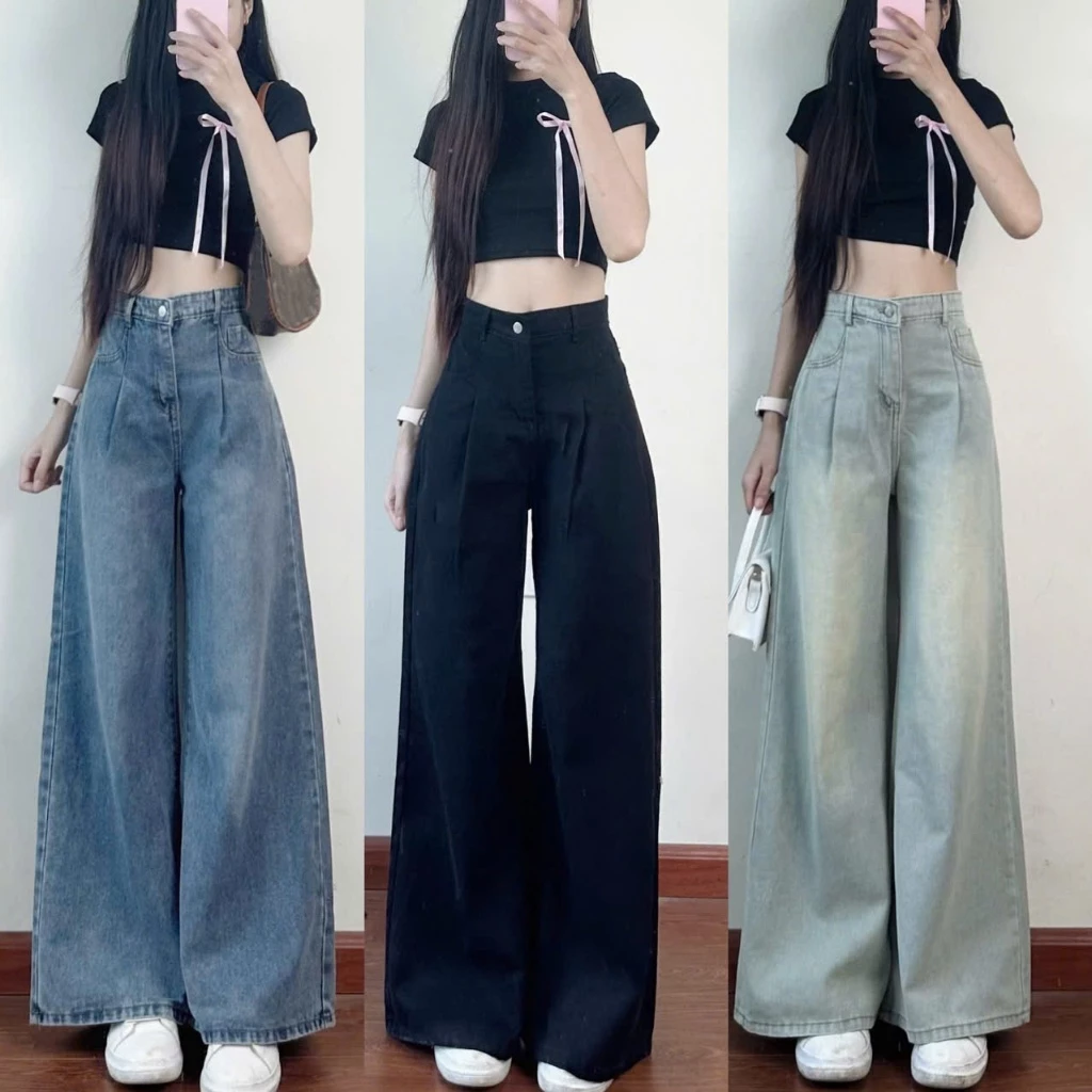 Quần jeans nữ trơn Joolate ống suông rộng xếp ly che khuyết điểm chất denim mền cao cấp