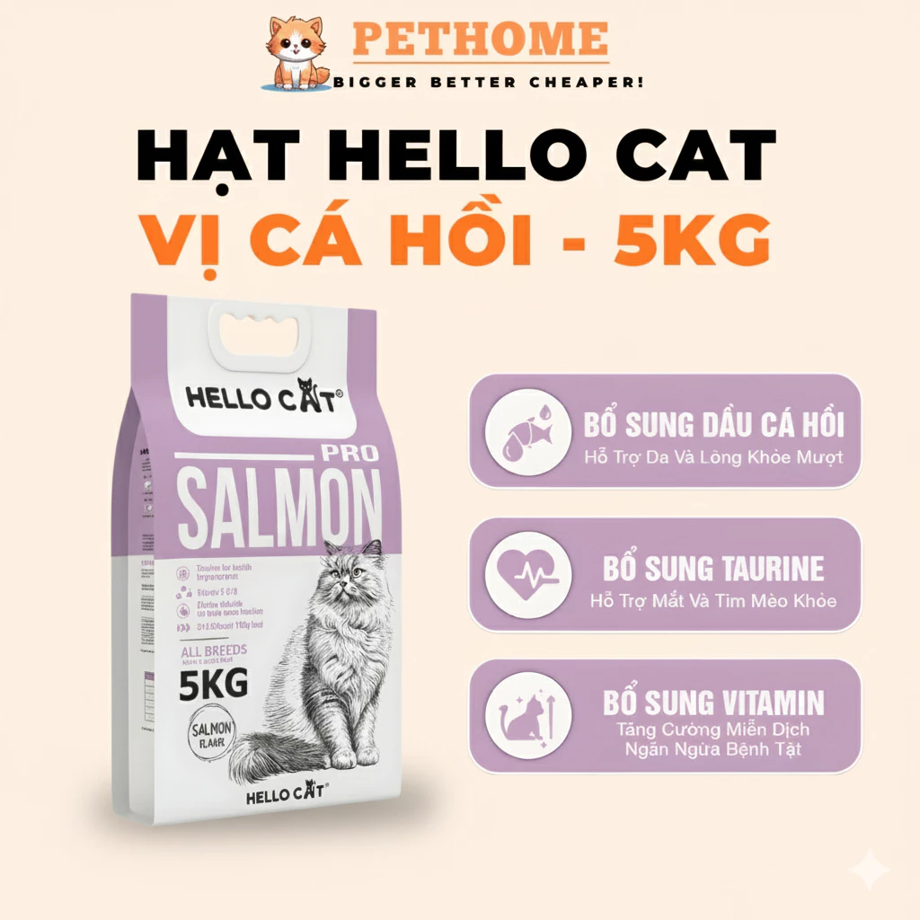 Hạt Cho Mèo Hello Cat Salmon Vị Cá Hồi Túi 5kg – Hạt Dinh Dưỡng Cho Mèo Trưởng Thành