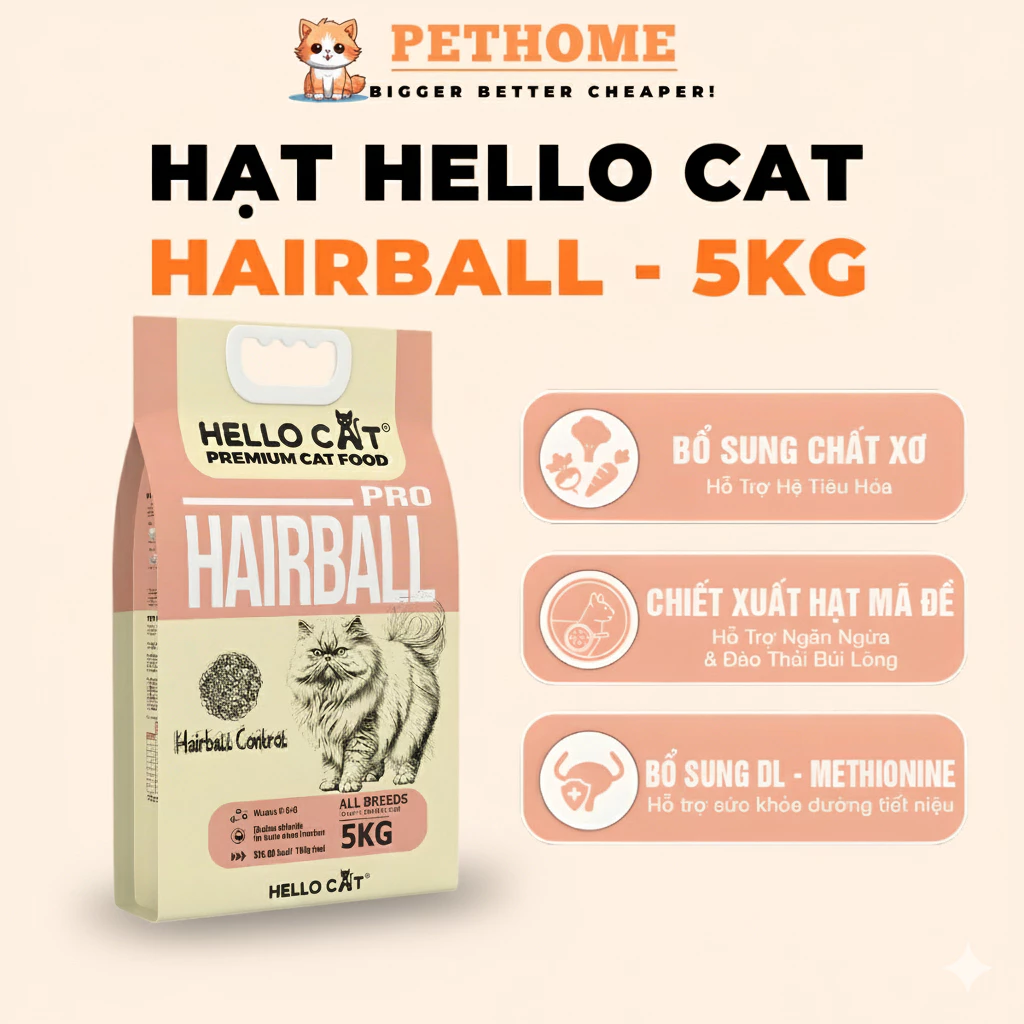 Hạt Cho Mèo Hello Cat Hairball Túi 5kg – Hạt Dinh Dưỡng Hỗ Trợ Kiểm Soát Búi Lông Cho Mèo