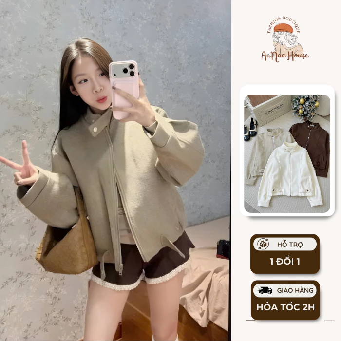 Áo khoác dạ ép nữ dáng ngắn form Hàn sang đẹp phong cách vintage thanh lịch