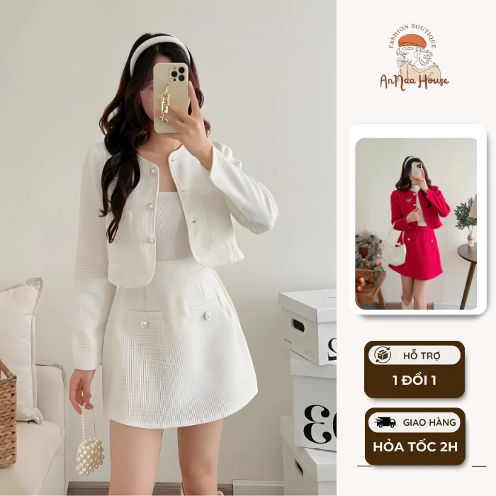 [CÓ TÁCH LẺ] Set áo dạ tweed cổ tàu croptop dài tay kèm chân váy tennis xếp ly ngắn Set đồ nữ áo khoác dạ kèm chân váy