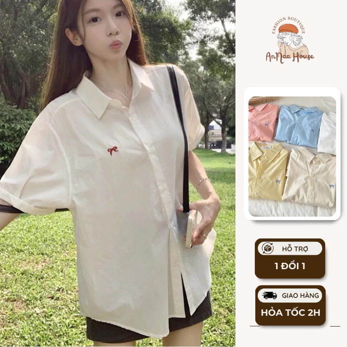 Áo sơ mi nữ cổ đức ngắn tay gập cài khuy dáng rộng oversize, áo sơ mi nữ cộc tay lỡ form rộng đi học, đi chơi nhiều màu