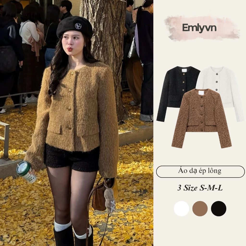 EMLY - Áo Khoác Dạ Ép Lông Nữ Cao Cấp, Áo Dạ Nữ Mùa Thu Đông Sang Chảnh Hàn Quốc