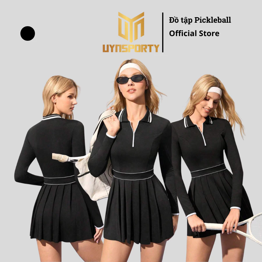 Váy Pickleball Nữ UYNSPORTY Dài Tay Cổ Polo Khóa Kéo Phối Sọc Patchwork, Ôm Dáng Co Giãn Cao, Bộ Đồ Pickleball Nữ