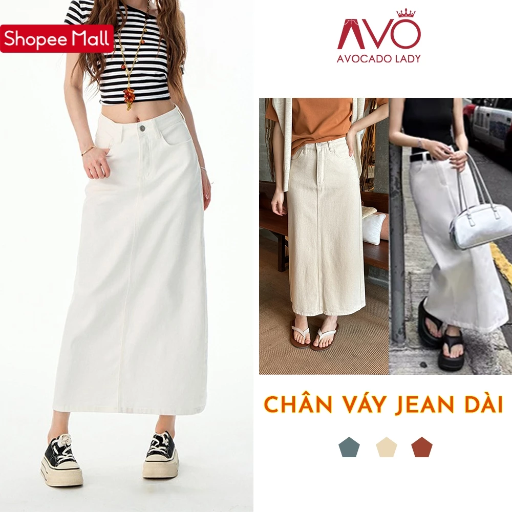 Chân váy dài Jean Bò Avo Avocado lưng cao dáng chữ A  xẻ tà độc đáo Cạp cao Ulzzang